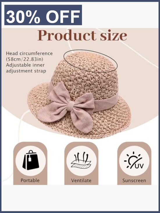 Woven Straw Sun Hat with Retro Bow, Wide Brim Packable Travel Bucket Hat
